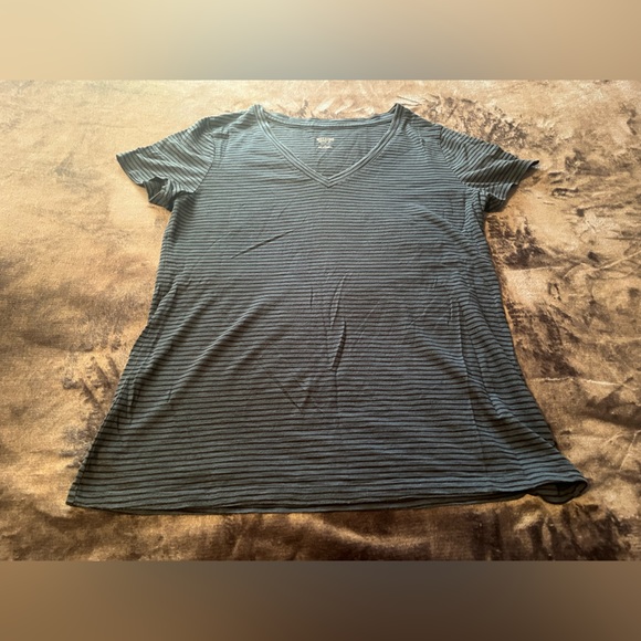 Mossimo V Neck Stripped Green Blue Black Short Sleeve Shirt Size XL - Picture 2 of 6